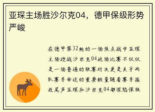 亚琛主场胜沙尔克04，德甲保级形势严峻